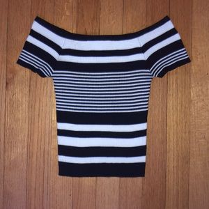 Charolette Russe navy blue, white off the shoulder